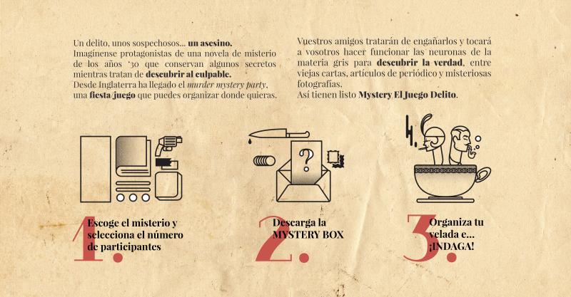 Un delito, unos  sospechosos... un asesino. Imagínense protagonistas de una novela de misterio  de los años ‘30 que conservan algunos secretos mientras tratan de descubrir al culpable.  Desde Inglaterra ha llegado el murder mystery party,  una fiesta/juego que puedes organizar donde quieras.   Vuestros amigos tratarán de engañarlos y  tocará a vosotros hacer funcionar las neuronas   de la materia gris para descubrir la verdad, entre viejas cartas, artículos de periódico y misteriosas fotografías.   Así tienen listo Mystery - El Juego Delito. 1. Escoge el misterio y selecciona el número de participantes 2. Descarga la MYSTERY BOX 3. Organiza tu velada e… ¡INDAGA!
