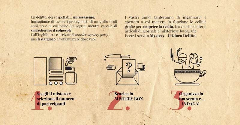 Un delitto, dei sospettati... un assassino. Immaginate di essere i protagonisti di un giallo degli anni '30 e di custodire dei segreti mentre cercate di smascherare il colpevole. Dall'Inghilterra è arrivato il murder mystery party, una festa/gioco da organizzare dove vuoi. I vostri amici tenteranno di ingannarvi e spetterà a voi mettere in funzione le cellule grigie per scoprire la verità, tra vecchie lettere, articoli di giornale e misteriose fotografie. Eccovi servito Mystery - Il Gioco Delitto. 1. Scegli il mistero e seleziona il numero di partecipanti 2. Scarica la MYSTERY BOX 3. Organizza la tua serata e... INDAGA!